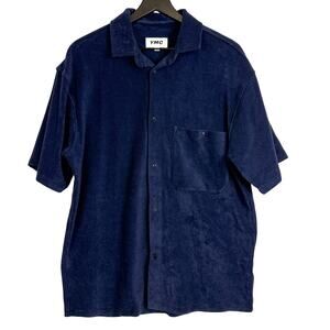YMC You Must Create Mens Terry Cloth Button Up Shirt Navy Blue - S